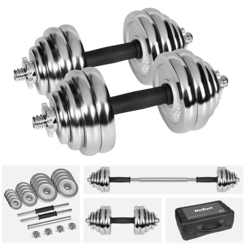 Hantle żeliwne chromowane regulowane w walizce z gryfem, zestaw 30kg REBEL ACTIVE