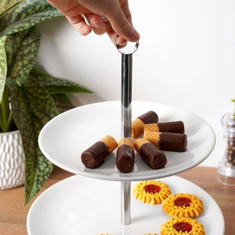 Patera Porcelanowa Biała Dwupoziomowa na Ciasta Dekoracyjna ORION 25 cm