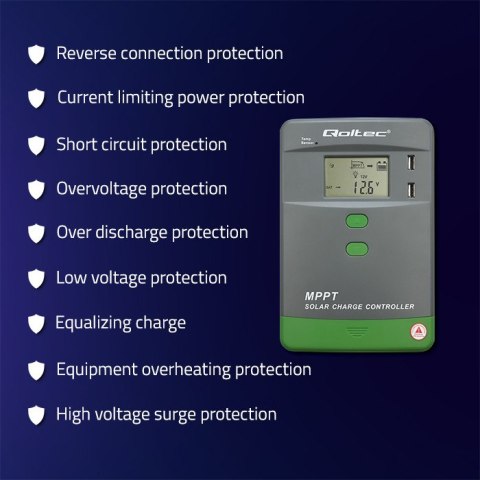 Qoltec Solarny regulator ładowania MPPT z czujnikiem temperatury 50A |12V / 24V | LCD | Bluetooth | APP | GEL | LiFePO4