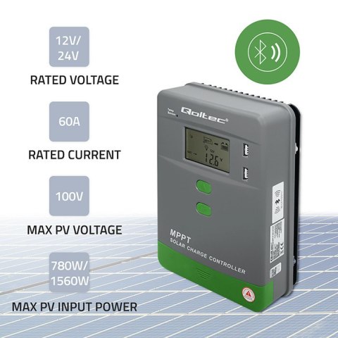 Qoltec Solarny regulator ładowania MPPT z czujnikiem temperatury 60A |12V / 24V | LCD | Bluetooth | APP | GEL | LiFePO4