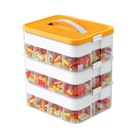 Trzypoziomowy pojemnik organizer na klocki i zabawki z przegródkami - pomarańczowy