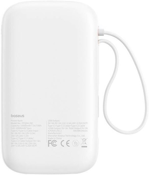 Powerbank Baseus QPow 2 10000mAh 30W z 2 wbudowanymi kablami USB-C - biały