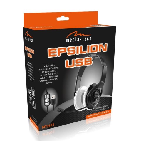 EPSILION USB - Słuchawki stereo z mikrofonem, złącze USB, pilot na kablu z regulacją dźwięku i mikrofonu.