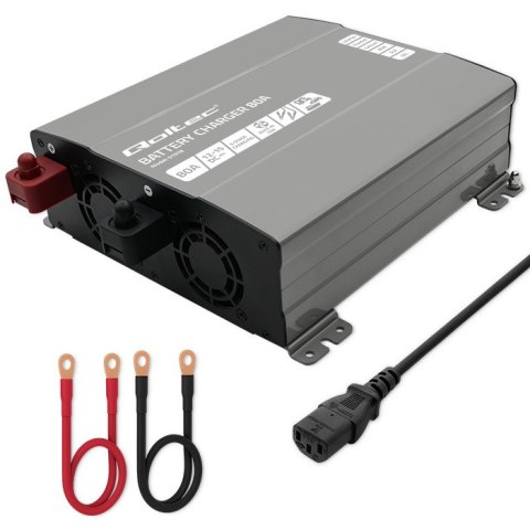 Qoltec Inteligentna profesjonalna ładowarka Monolith do akumulatorów LiFePO4 AGM GEL SLA | 80A | 12V | Szybkie ładowanie