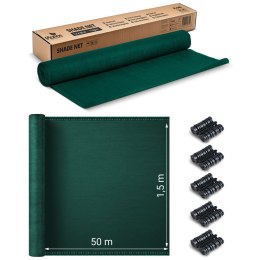 Siatka cieniująca 1,5x50m 140g/m2 + 50 zacisków zielona
