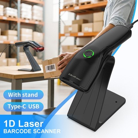 Qoltec Skaner czytnik kodów kreskowych + stojak na skaner | 1D | USB