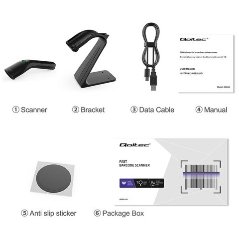 Qoltec Skaner czytnik kodów kreskowych + stojak na skaner | 1D | USB