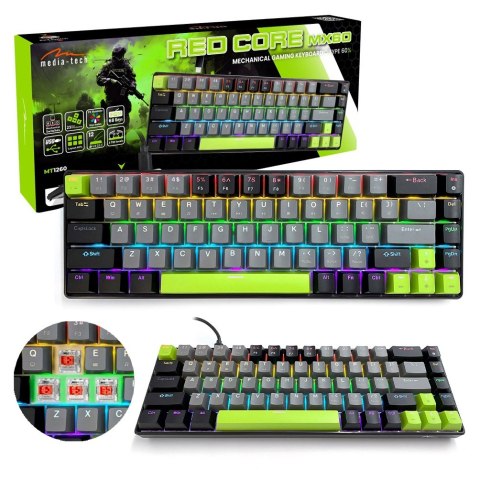 RED CORE MX60 - Gamingowa klawiatura mechaniczna typu short 60%, przełączniki mechaniczne silent RED, kolorowe podświetlenie, 68