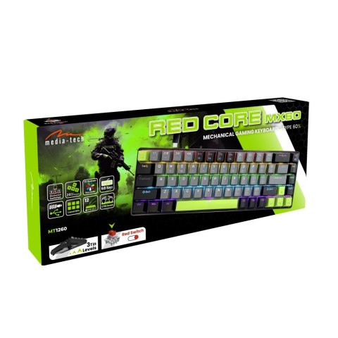 RED CORE MX60 - Gamingowa klawiatura mechaniczna typu short 60%, przełączniki mechaniczne silent RED, kolorowe podświetlenie, 68