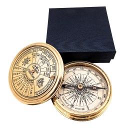 Kompas Mosiężny Retro + 40-letni Kalendarz w Eleganckim Pudełku - Prezent dla Żeglarza i Szefa - COM101