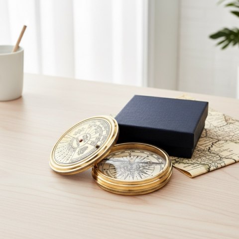 Kompas Mosiężny Retro + 40-letni Kalendarz w Eleganckim Pudełku - Prezent dla Żeglarza i Szefa - COM101