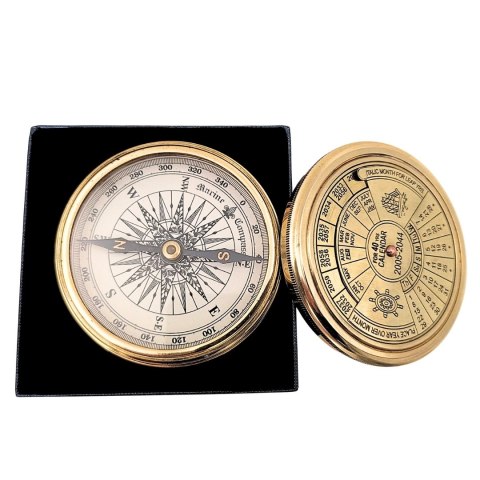 Kompas Mosiężny Retro + 40-letni Kalendarz w Eleganckim Pudełku - Prezent dla Żeglarza i Szefa - COM101