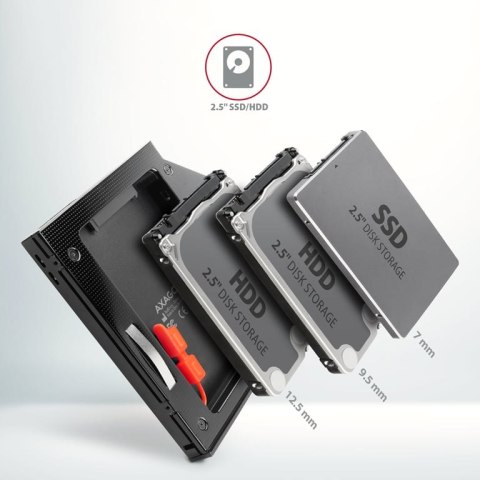 Axagon RSS-CD12 2.5 SSD/HDD caddy into DVD slot 12.7 mm LED ALU adapter Wewnętrzny SATA