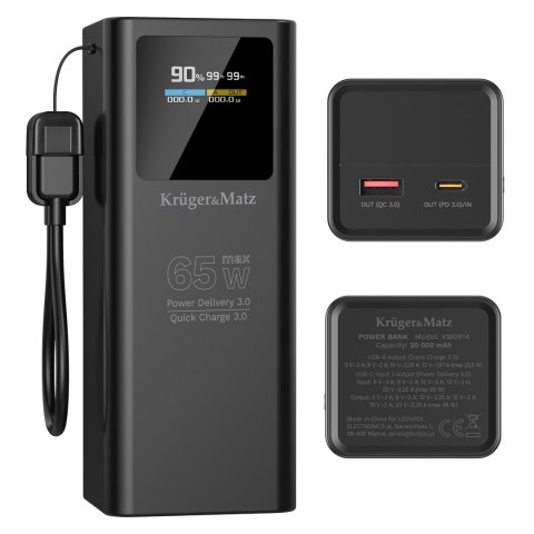 PowerBank Kruger&Matz 20000 mAh Li-ion 65W z funkcją QC oraz PD