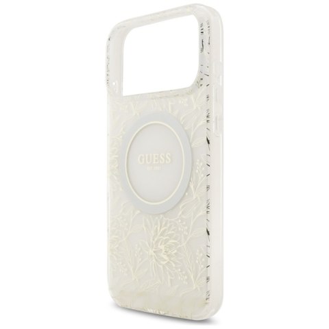 Guess IML Flowers Electro Pearl Strap MagSafe - Etui iPhone 17 Pro Max (biały)
