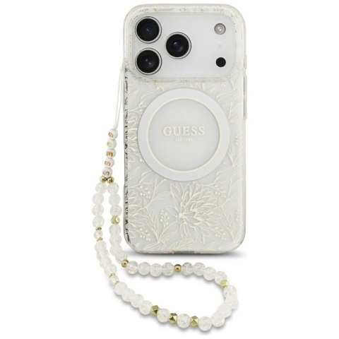Guess IML Flowers Electro Pearl Strap MagSafe - Etui iPhone 17 Pro (biały)