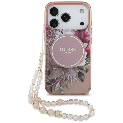 Guess IML Flowers Electro Pearl Strap MagSafe - Etui iPhone 17 Pro (różowy)