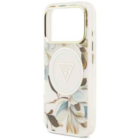 Guess IML Glitter Flowers Triangle MagSafe - Etui iPhone 17 Pro Max (biały)