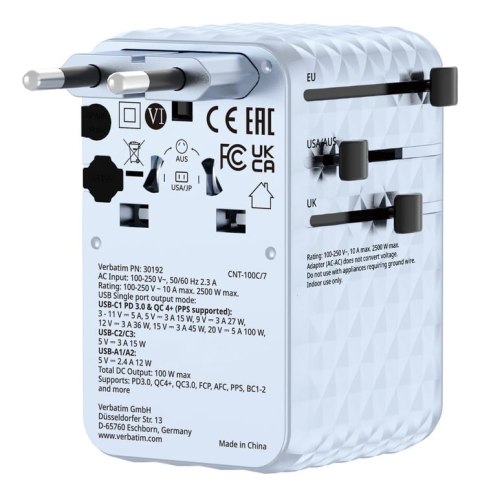 Verbatim 30192 ładowarka do urządzeń przenośnych Uniwersalne Niebieski Prąd przemienny Szybkie ładowanie Wewnętrzna