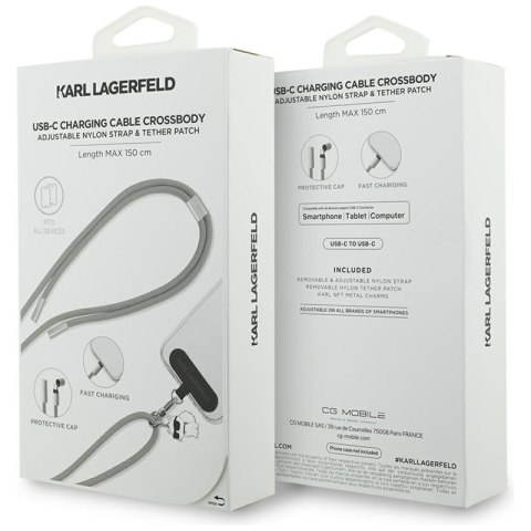 Karl Lagerfeld Crossbody Strap Choupette Charm - Uniwersalny pasek do telefonu / kabel USB-C do USB-C 1.5m (szary)