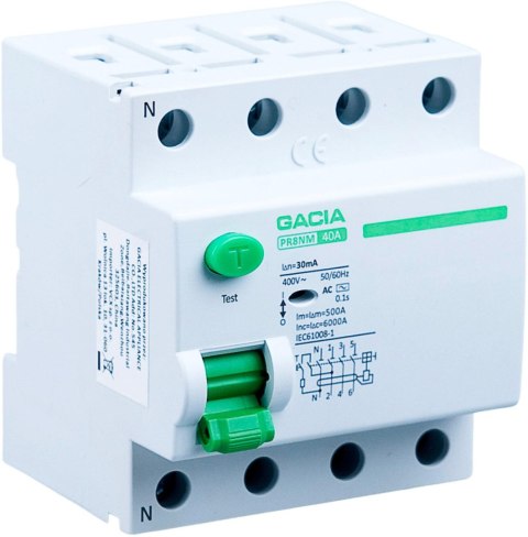 Wyłącznik różnicowoprądowy 40A, 30mA, 4P, typ A GACIA PR8NM 4P 40A 30MA A