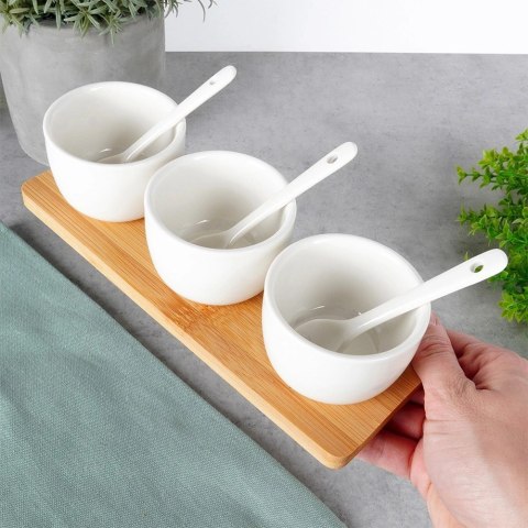 Miseczki na Przekąski 90 ml 3 szt z Łyżeczkami na Tacy Bambusowej VILDE