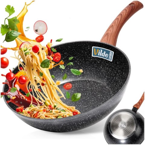 Patelnia Wok Granitowa 28 cm VILDE Black&Wood Nieprzywierająca Indukcja