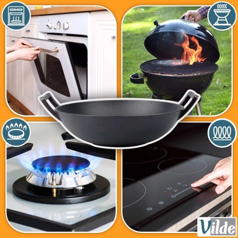 Patelnia Wok Żeliwna Duża 36 cm VILDE Cast Line do Indukcji Grill