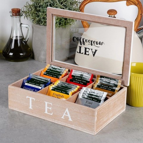 Pojemnik Herbatę Drewniany z Przegródkami 24,5 x 16 x 7 cm VILDE z Napisem