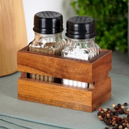 Solniczka Pieprzniczka Ryflowana Drewniany Stojak Brąz 60 ml VILDE