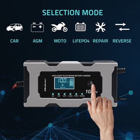 Qoltec Inteligentna mikroprocesorowa ładowarka 12V 10A | Prostownik z funkcją naprawy do akumulatora AGM GEL LiFePO4 | LCD