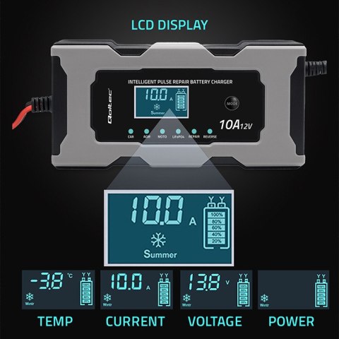 Qoltec Inteligentna mikroprocesorowa ładowarka 12V 10A | Prostownik z funkcją naprawy do akumulatora AGM GEL LiFePO4 | LCD