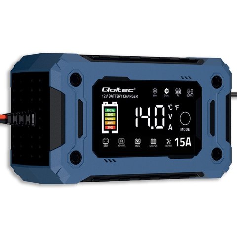 Qoltec Inteligentna mikroprocesorowa ładowarka 12V 15A | Prostownik z funkcją naprawy i podtrzymania zasilania podczas wymiany a
