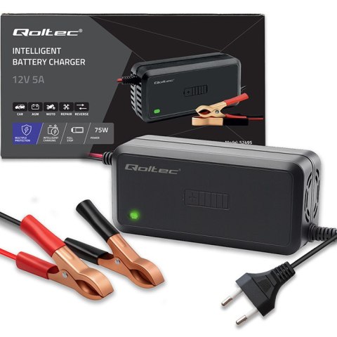 Qoltec Inteligentna mikroprocesorowa ładowarka 12V | 5A | Prostownik do akumulatora AGM GEL SLA | 6 - stopniowe ładowanie