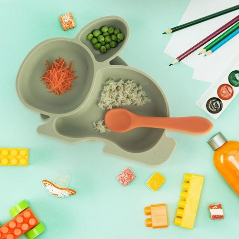 Talerz dla Dziecka Silikon Dzielony Zajączek ORION Przyssawka Zielony