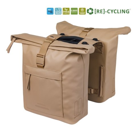 Sakwa podwójna BASIL BROOKLYN DOUBLE PANNIER BAG 41L, MIK System (ready to go), wodoodporna, sand (NEW 2026)