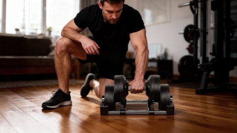 Hantel żeliwny regulowany automat 36 kg, skok co 1kg, REBEL ACTIVE