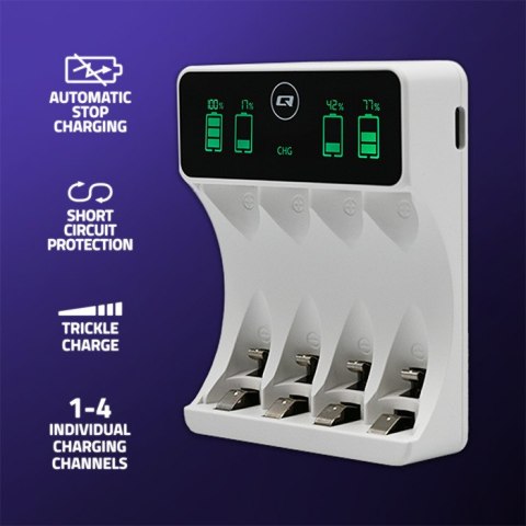 Qoltec Ładowarka do akumulatorków Ni-MH typu R03 AAA R6 AA | LCD | Kabel USB-C | Biała