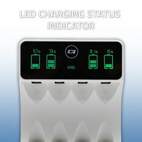 Qoltec Ładowarka do akumulatorków Ni-MH typu R03 AAA R6 AA | LCD | Kabel USB-C | Biała