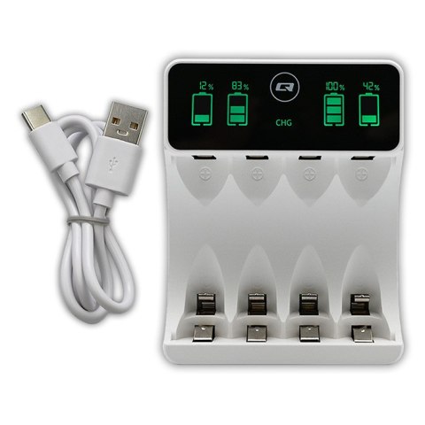 Qoltec Ładowarka do akumulatorków Ni-MH typu R03 AAA R6 AA | LCD | Kabel USB-C | Biała