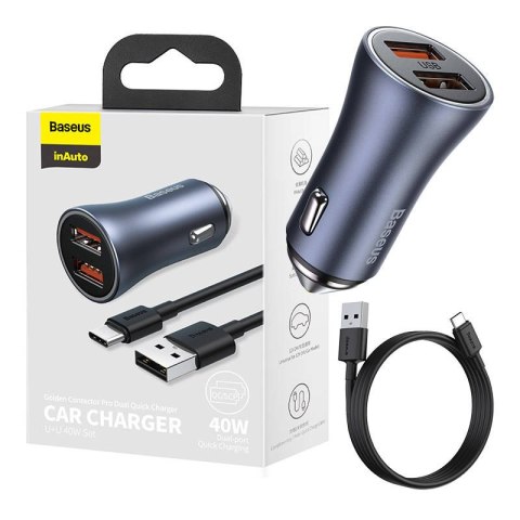 Ładowarka samochodowa BASEUS Golden Contactor Pro 40W 2x USB + kabel USB-USB-C 1m (szara)