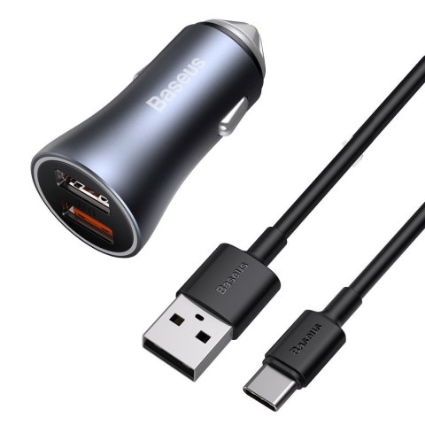 Ładowarka samochodowa BASEUS Golden Contactor Pro 40W 2x USB + kabel USB-USB-C 1m (szara)