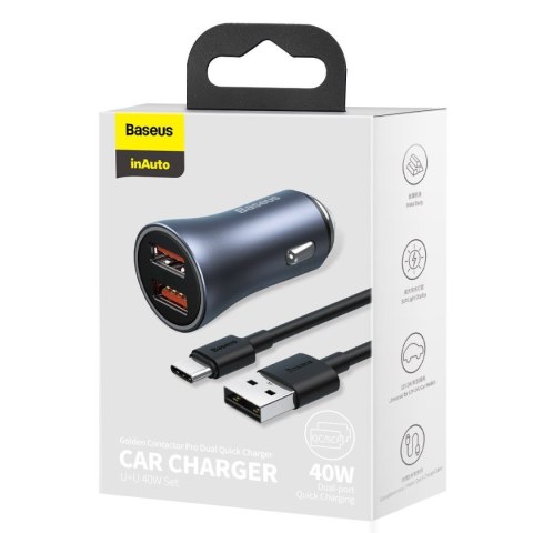 Ładowarka samochodowa BASEUS Golden Contactor Pro 40W 2x USB + kabel USB-USB-C 1m (szara)