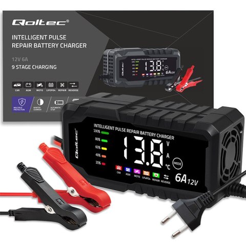 Qoltec Inteligentna mikroprocesorowa ładowarka 12V 6A | Prostownik z funkcją naprawy do akumulatora AGM GEL LiFePO4 | LCD