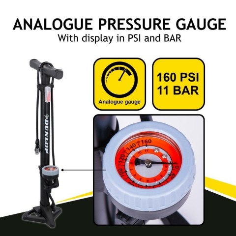 Dunlop - Pompka podłogowa do rowerów, piłek, materacy z manometrem (Czarny)