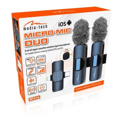 MICRO-MIC DUO - 2x Mikrofon Bezprzewodowy Krawatowy (zestaw), na klips, iOS & Android (OTG), mini, superczuły. USB-C & LIGHTNING