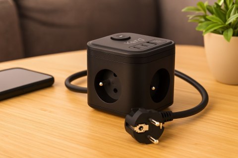 Kostka zasilająca 3-gniazdowa + szybka ładowarka USB-A+USB-C 1,5m 3×1,5mm2 H05VV-F 16A/250V~ KERG Smart czarna