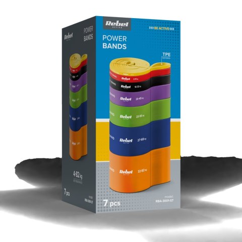 Zestaw gum do ćwiczeń TPE - Power Band PT-S7, 4-82 kg, 7 gum TPE, REBEL ACTIVE