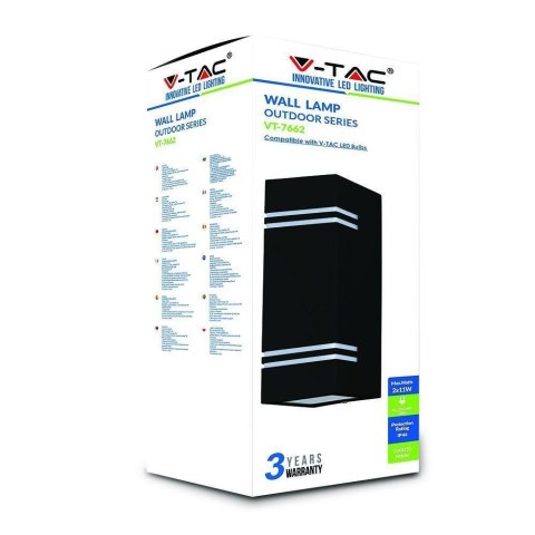 Kinkiet ogrodowy V-TAC kwadrat czarny GU10 góra dół IP44 VT-7662 3 lata gwarancji