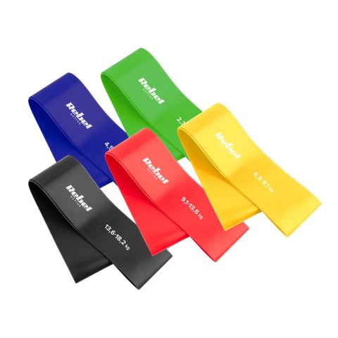 Zestaw gum do ćwiczeń TPE - Mini Band L, 2.3-18.2 kg, 5 gum, kolorowy, REBEL ACTIVE